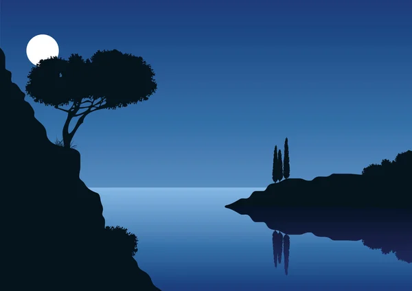 Noche de luna llena con paisaje costero — Vector de stock