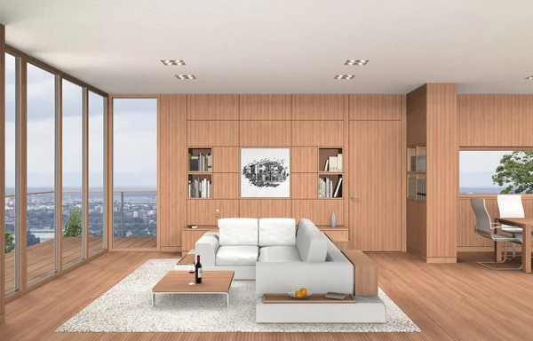 Sala de estar moderna e sala de jantar interior com madeira de faia — Fotografia de Stock