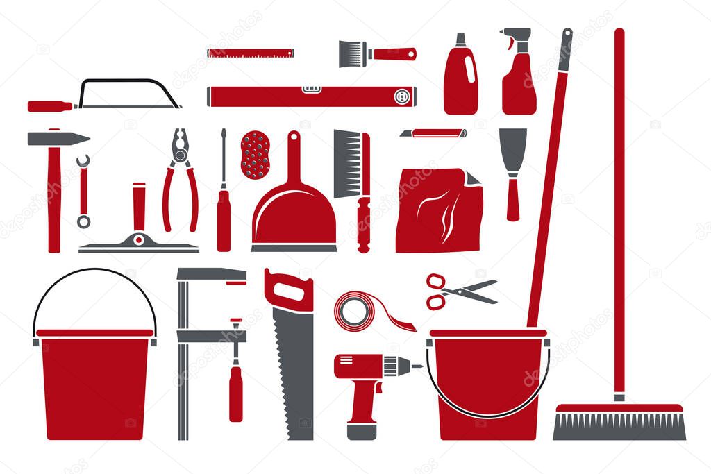 Clip art vector icon set wirh tools and utilities for household, tree market, DIY, workshop, facility, cleaning an repair services