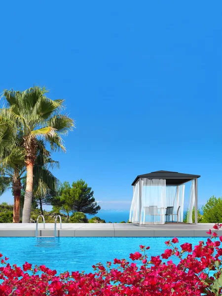 Swimming pool, pavilion, palms and bougainvillea — Stock Image Swimming pool, pavilion, palms and bougainvillea Stock Image