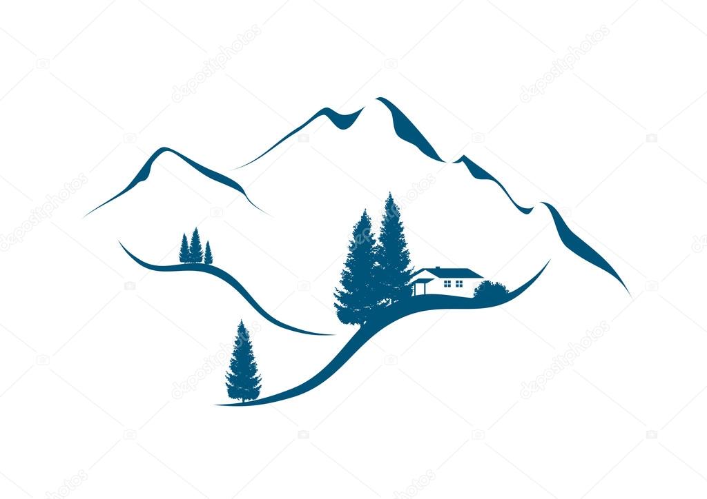 alpine mountain landscape with chalet and firs