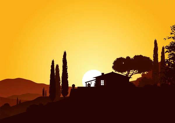 Casa de vacaciones en atardecer — Vector de stock