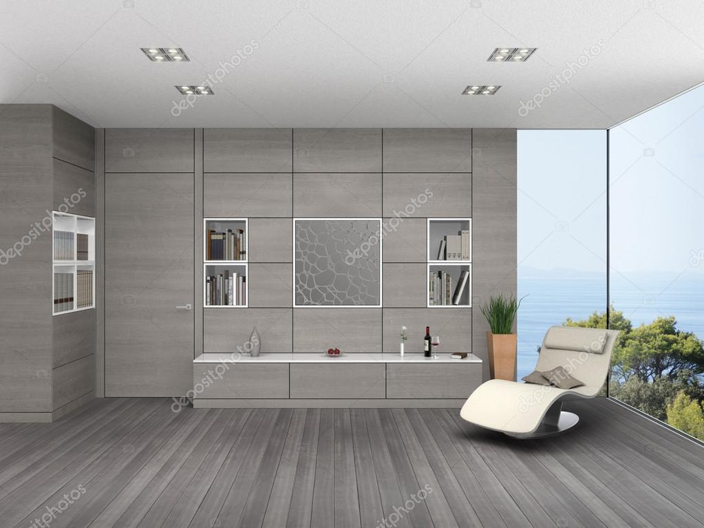Modern Living Room With Wooden Wall Cladding Stock Photo