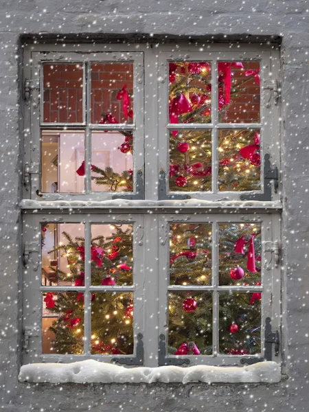 Showfall, window and christmas tree — Stock Photo, Image