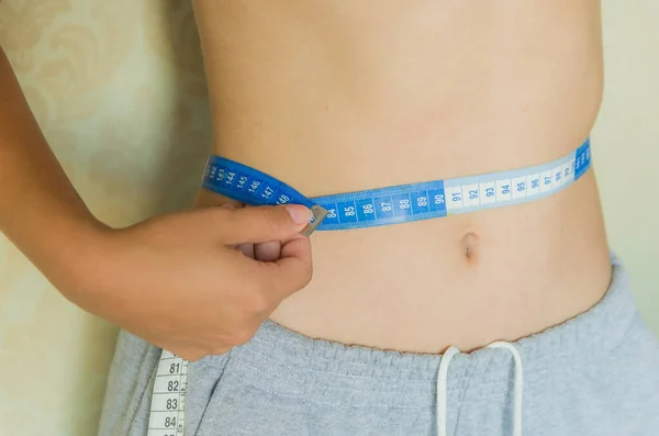 Skinny Young Woman Measuring Her Slim Waist Measuring Tape — Stock Photo, Image
