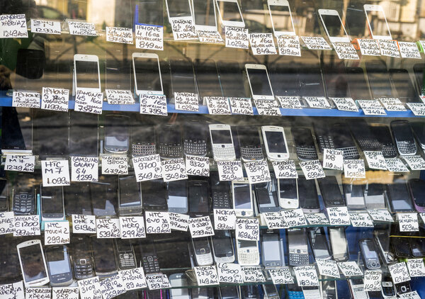  Lots of phones and smartphones exposed in a local shop