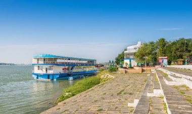 Floating restaurant permanently moored at Danube river clipart