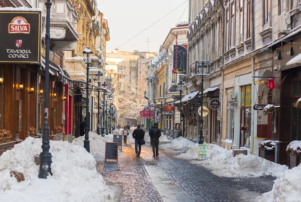 Covaci street in Bucharest old town during winter season — Stock fotografie