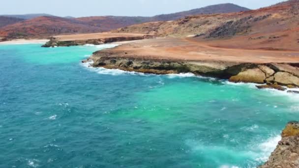 Aérea desde la costa norte salvaje en la isla de Aruba en el Mar Caribe — Vídeo de stock