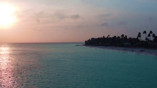 マンチェボ ビーチ日没時アルバ島航空写真 — ストック動画