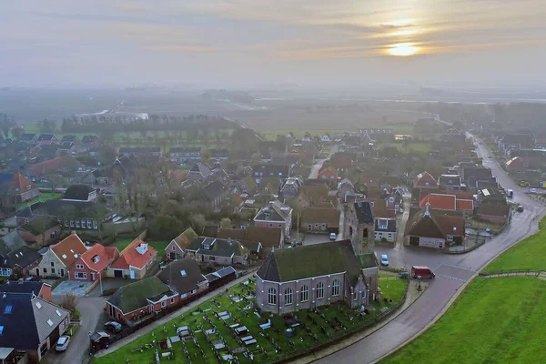 Aerial Aldeia Wierum Waddenzee Frísia Países Baixos Pôr Sol — Fotografia de Stock