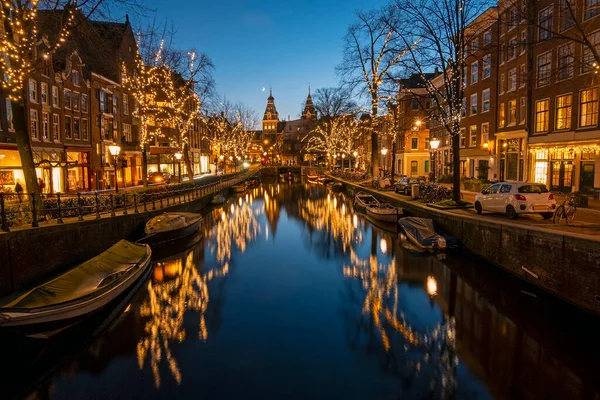 Kerstmis Amsterdam Nederland Bij Zonsondergang — Stockfoto