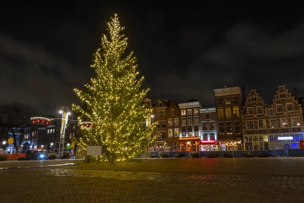 Nieuwmarkt Nel Periodo Natalizio Amsterdam Paesi Bassi Notte — Foto Stock