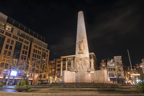 Monument Sur Barrage Amsterdam Nuit Noël Aux Pays Bas — Photo