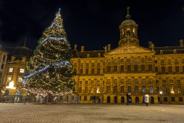 Kerst Dam Amsterdam Nachts Nederland — Stockfoto