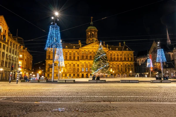 Kerst Dam Amsterdam Nachts Nederland — Stockfoto
