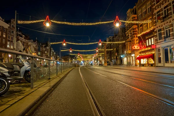 Noël Sur Damrak Aux Pays Bas Nuit — Photo