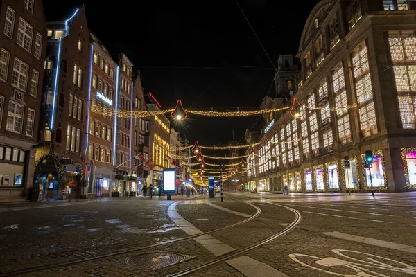 Hollanda Geceleyin Amsterdam Damrak Noel — Stok fotoğraf
