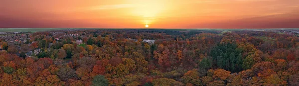 Panoramic aerial from a forest in the countryside from the Netherlands in fall at sunset