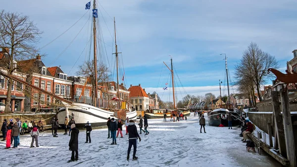 Amusement Hiver Dans Ville Dokkum Sur Les Canaux Aux Pays — Photo