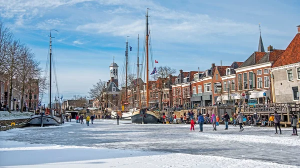 Diversão Inverno Nos Canais Cidade Dokkum Nos Países Baixos — Fotografia de Stock