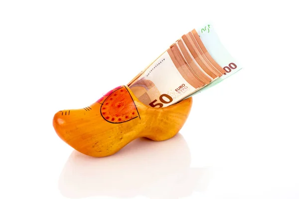 Hundred Fifty Euro Billets Wooden Shoe Netherlands — Stock Photo, Image