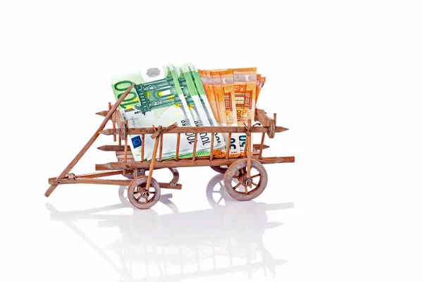 Old Wooden Cart Full Money White Background — Stock Photo, Image