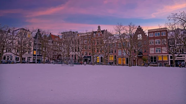 Városi Látványosság Havas Amszterdamból Télen Hollandiában — Stock Fotó