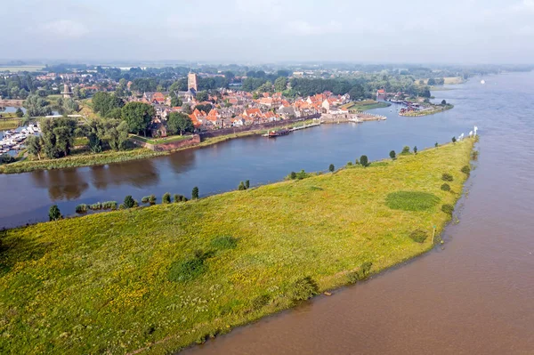 Aerial City Woudrichem River Merwede Netherlands Flooded Landscape — Stock Photo, Image