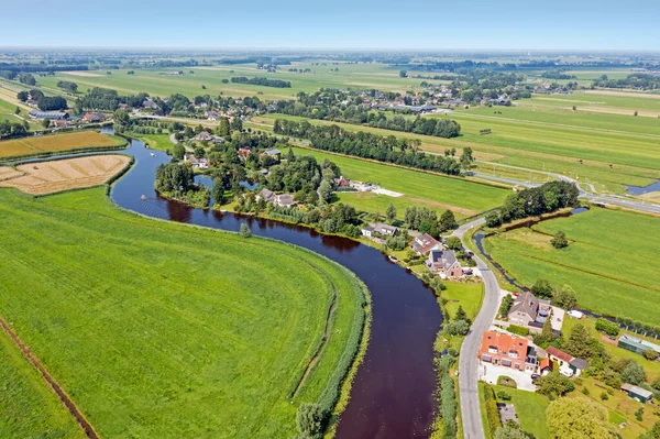 Aerial Traditional Dutch Landscape Little River Houses Flat Land Netherlands — Stock Photo, Image