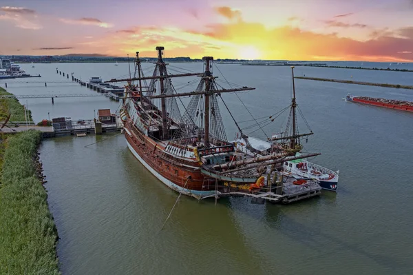 Aerial Traditional Sailing Ship Harbor Amsterdam Netherlands Sunset — Stock Photo, Image