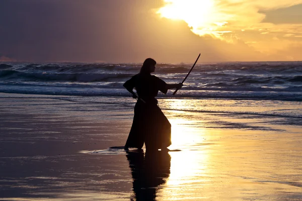 Samurai ao pôr do sol na praia — Fotografia de Stock