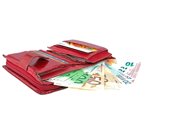 Rotes Portemonnaie voll mit Euro-Banknoten — Stockfoto