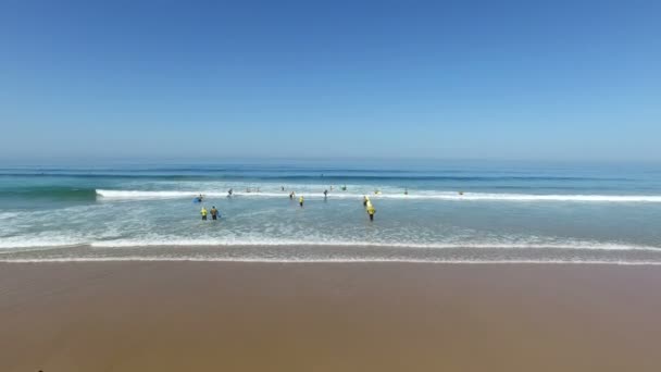 Luchtfoto van surfers op het strand van Vale Figueiras in Portugal — Stockvideo