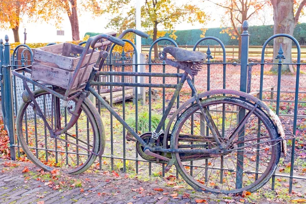 À moda antiga bicicleta holandesa contra uma cerca na Holanda — Fotografia de Stock