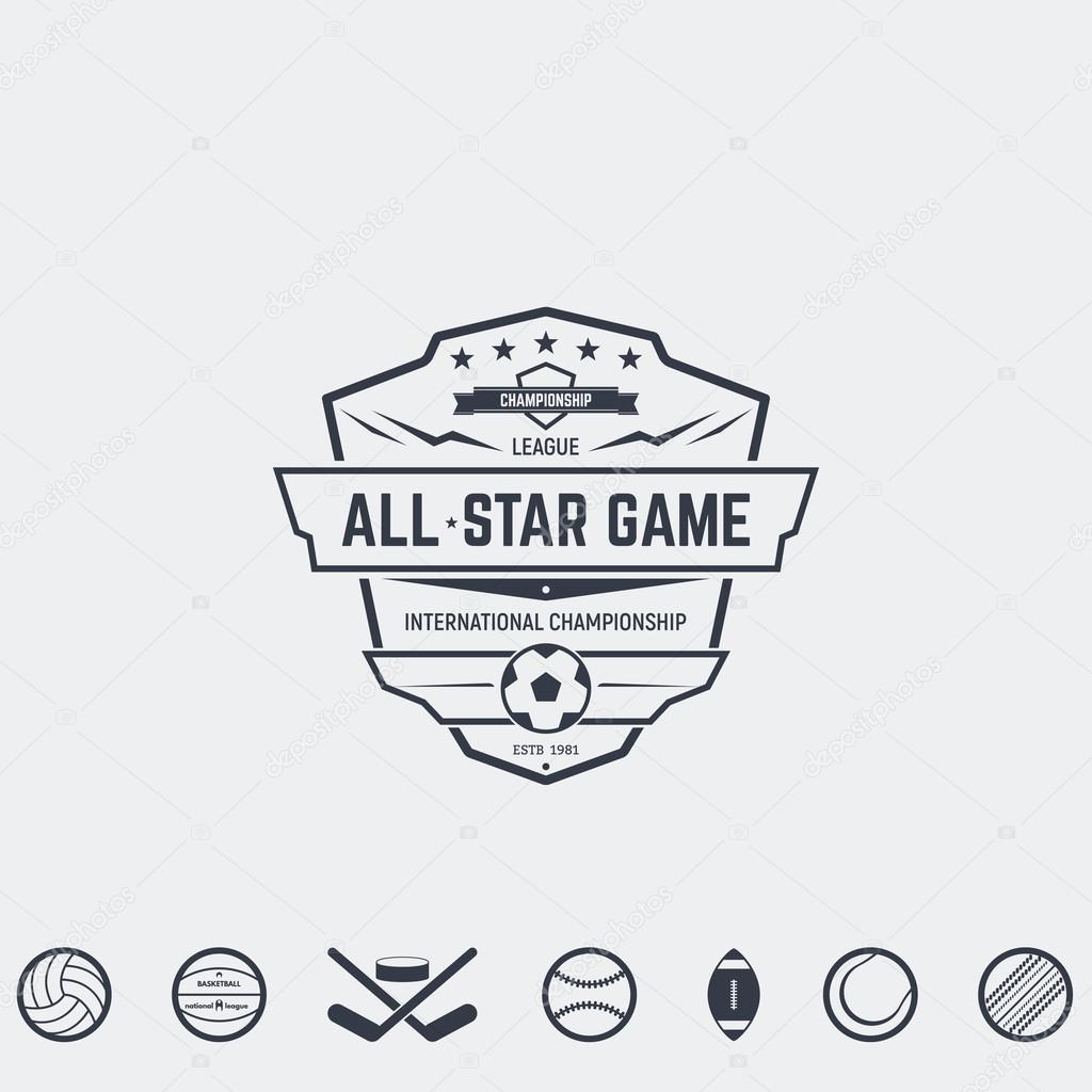 Set of retro logo and emblems, badges and insignias, labels and signs for sport teams, competitions and all-star games. Football, basketball and other sport icons ready for emblem.
