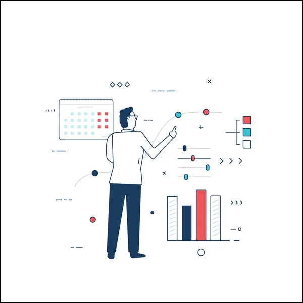 Uomo Affari Guardando Finanza Analitica Statistica Uomo Piedi Utilizzando Interfaccia — Vettoriale Stock