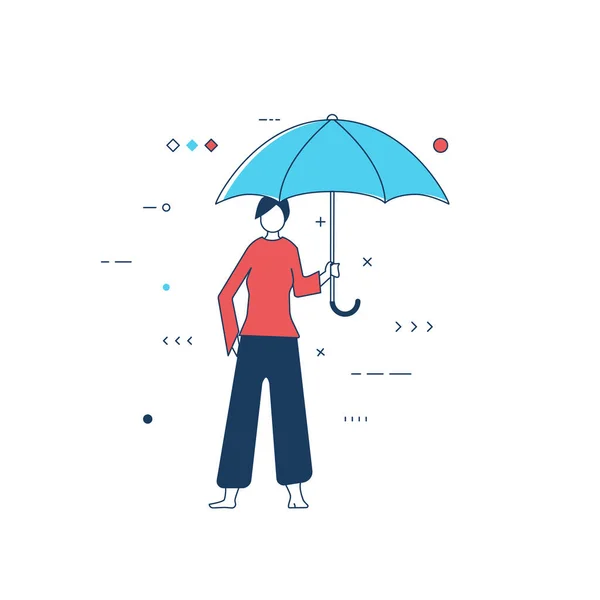 Person Blue Umbrella Women Standing Holding Umbrella Protecting Bad Weather — Stock Vector