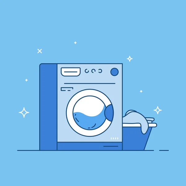 Çamaşır Makinesi Sepet Dolusu Kıyafet Çamaşır Çizgisi Tarzı Vektör Çamaşır — Stok Vektör