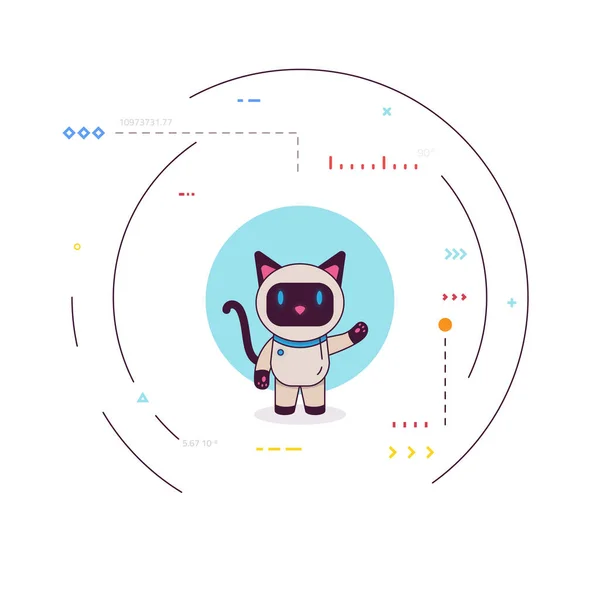 笑顔のロボット猫こんにちはと言う ハッピー ボットからの挨拶 青い目と同じロボットの猫 人工知能の概念 円や記号を持つシンプルなロボット 現代の細い線型ベクトル — ストックベクタ