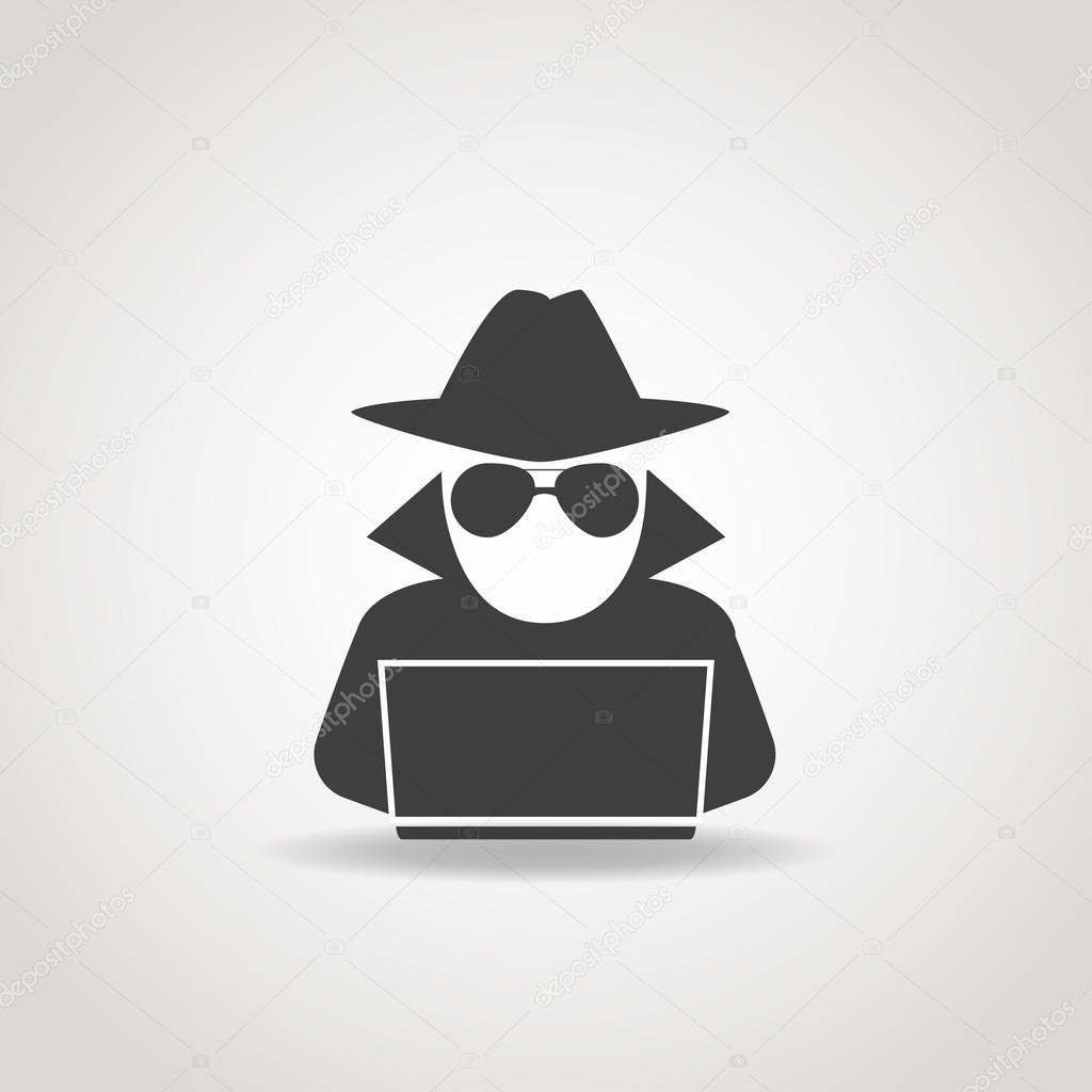 Black icon of anonymous spy agent searching on laptop.