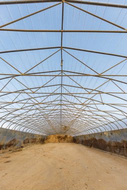 Yarısı boş Talaş Savaş Evi. Endüstriyel konsept, şeffaf, cam çatılı büyük bina