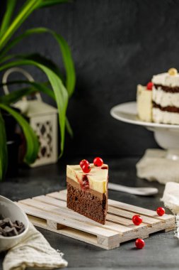 Kırmızı frenk üzümü ve krem şantili bir dilim lezzetli pastayı kapat. Lezzetli peynirli kek.