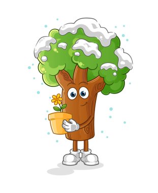 Çiçek kabı resimli bir kış ağacı. karakter vektörü