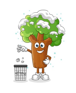 Kış ağacı çöp tenekesinin maskotuna çöp at. çizgi film vektörü