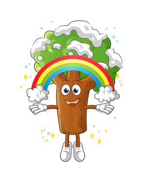 Gökkuşağı maskotlu bir kış ağacı. çizgi film vektörü