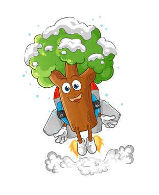 Sırt roketi maskotlu kış ağacı. çizgi film vektörü