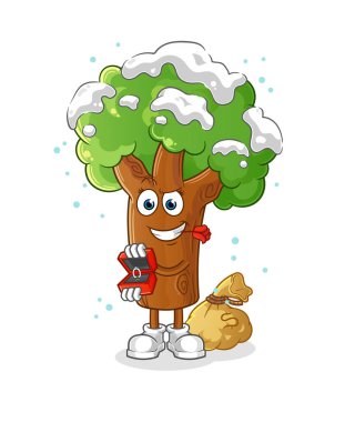 Kış ağacı teklif eder ve yüzük tutar. çizgi film maskotu vektörü