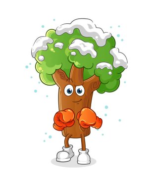 Kış ağacı boksörü karakteri. çizgi film maskotu vektörü