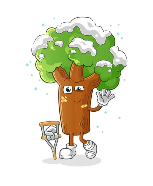 Winter Tree Sick Limping Stick Cartoon Mascot Vector — Stock Vector